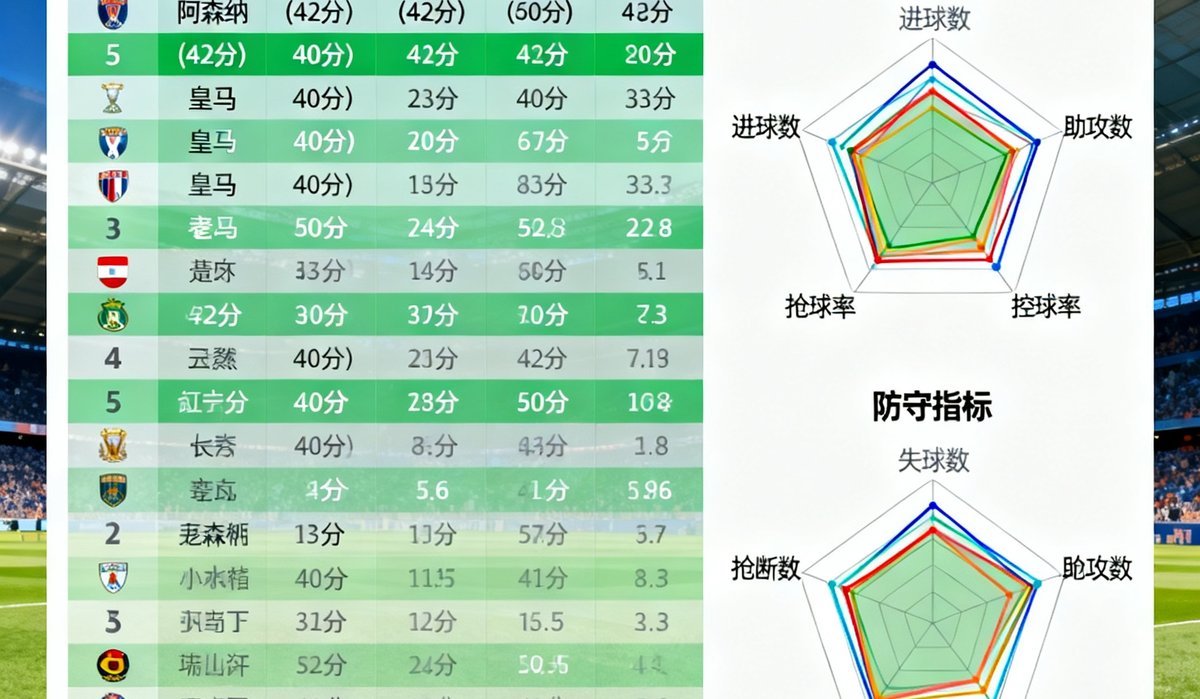 一张信息图展示五大联赛半程积分榜排名，各球队以雷达图形式对比进攻和防守六维指标