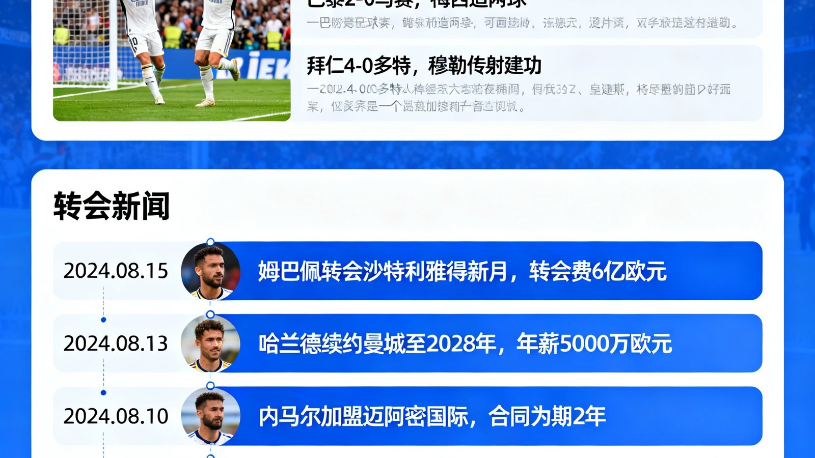 新闻资讯页面展示多条赛后战报，每条配有比赛现场照片和文字摘要，转会新闻板块以时间线形式呈现最新动态